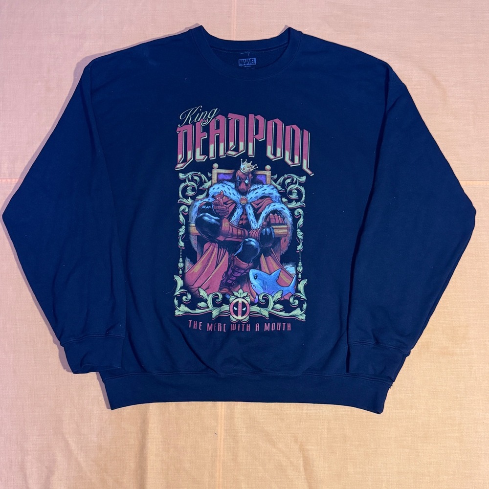 Marvel King Deadpool Sweatshirt Mens XL Black Jeff the Land Shark Crewneck